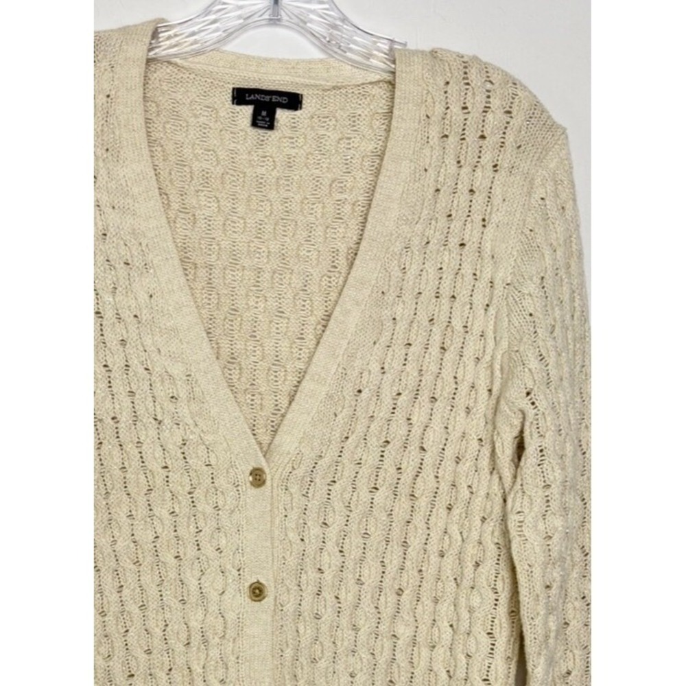 Land's End Women's M Cable Knit Long Cardigan Sweater Beige Oatmeal Button Front